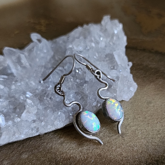 Jerry Harr Handmade Sterling Silver Lab Opal Dangle Earrings - Picture 4 of 5